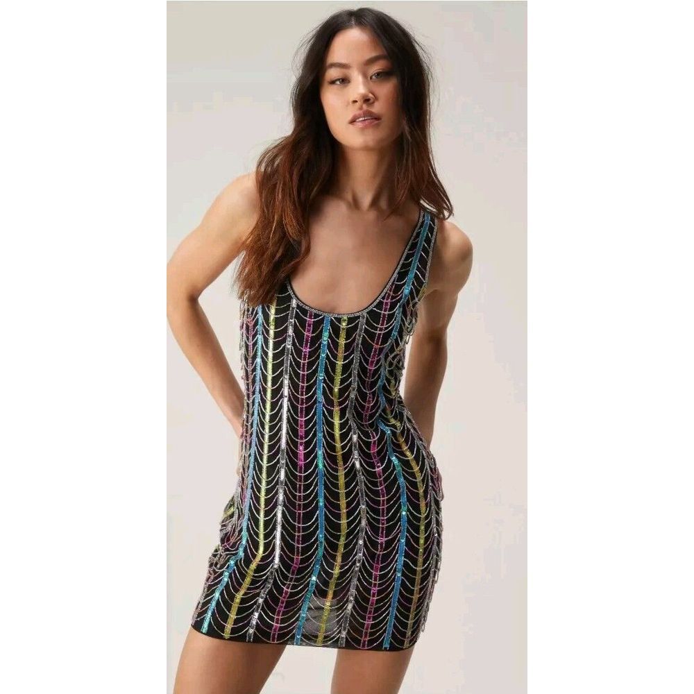 NWT Nasty Gal Loop Beaded Tassel Dress Size 14 Womens Party Dress New $172 Multi
